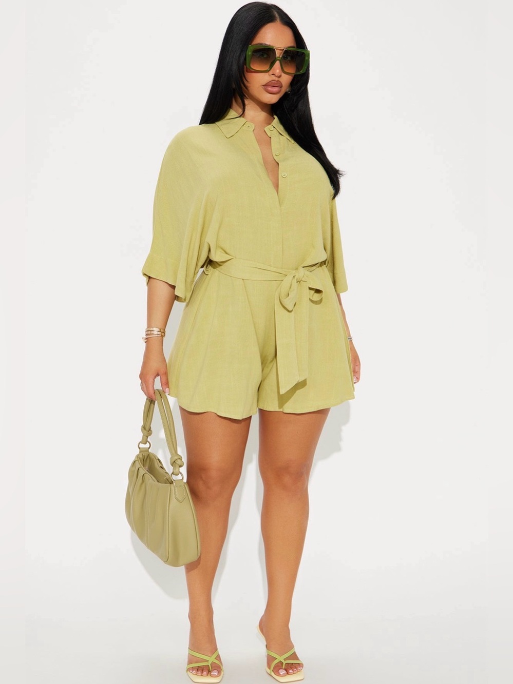 Linen-Blend Belted Romper